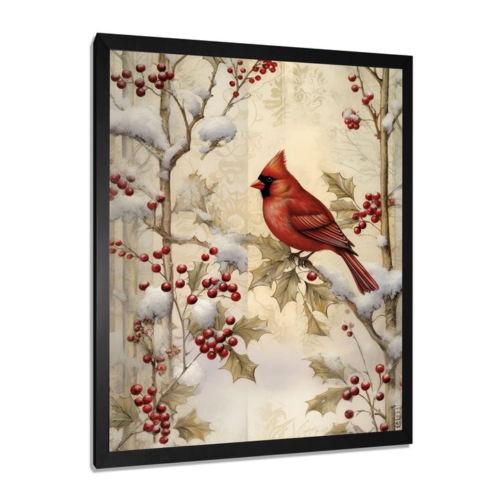 Red Cardinal Bird On Branch Christmas Wood - Bird Large Canvas Wall Art