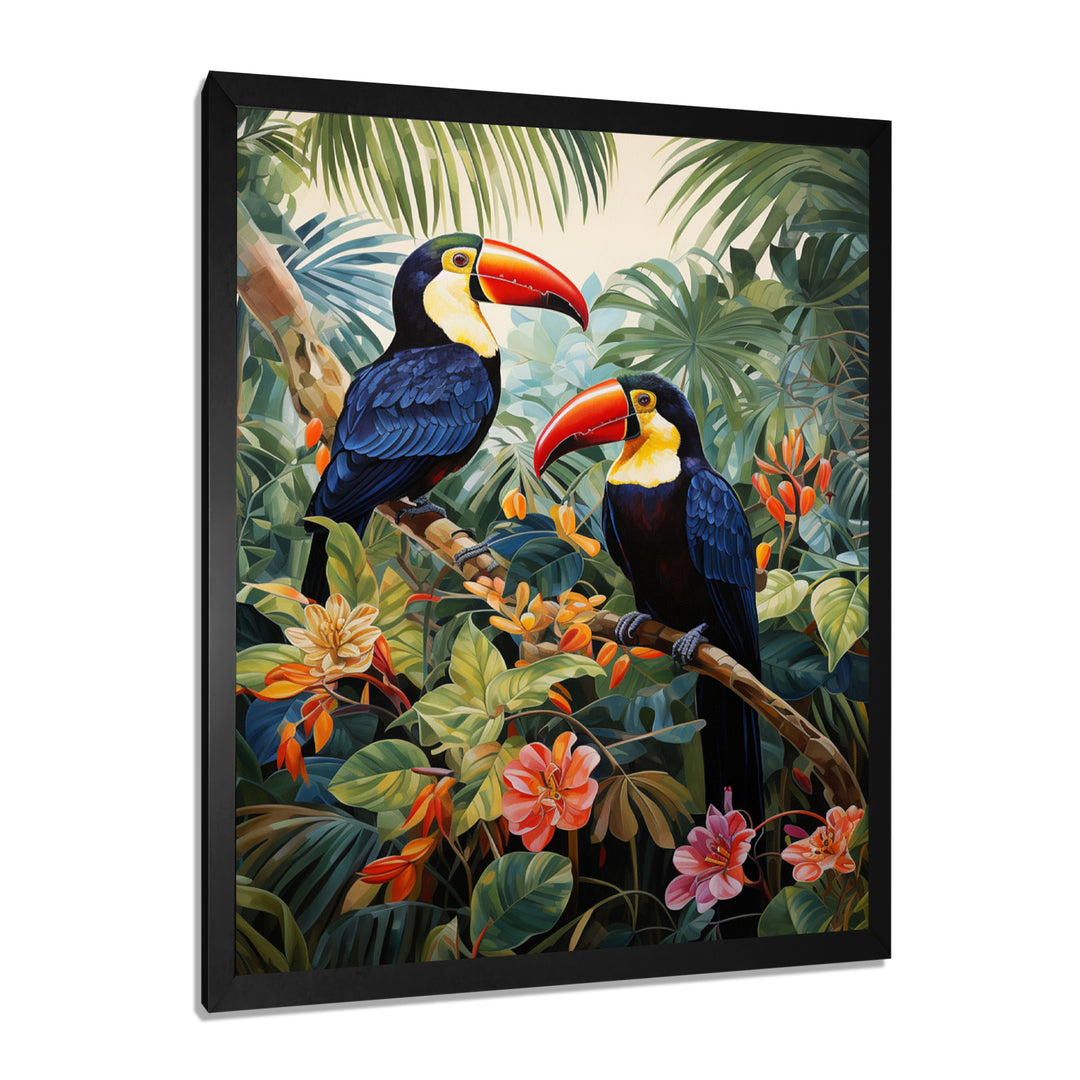 Three Toucans In Tropical Flower Jungle - Toucan Home Decor Art