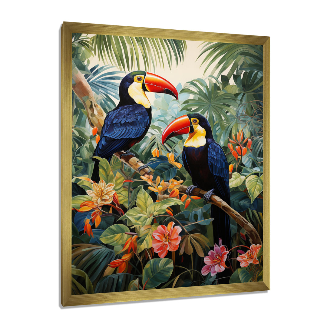Three Toucans In Tropical Flower Jungle - Toucan Home Decor Art