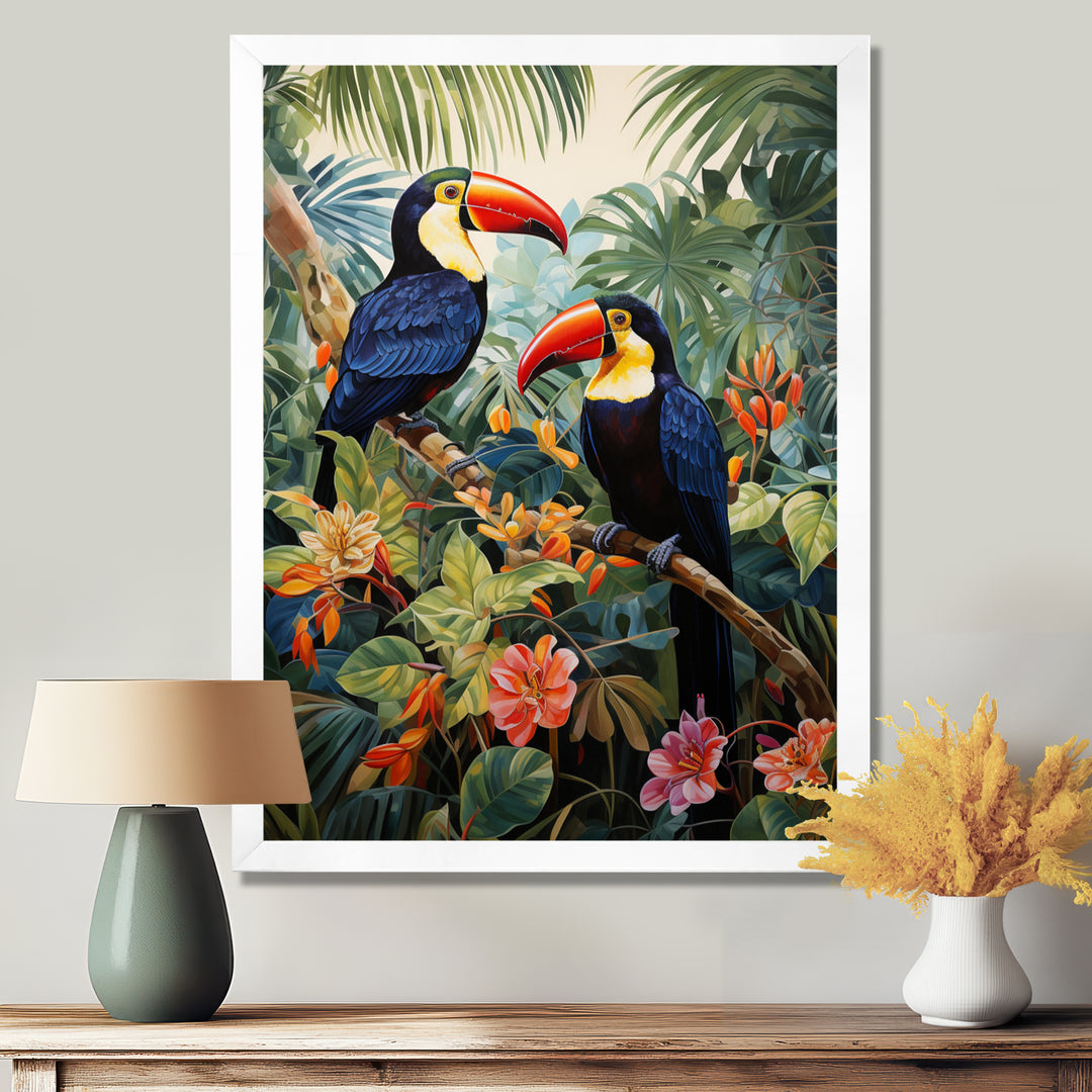 Three Toucans In Tropical Flower Jungle - Toucan Home Decor Art