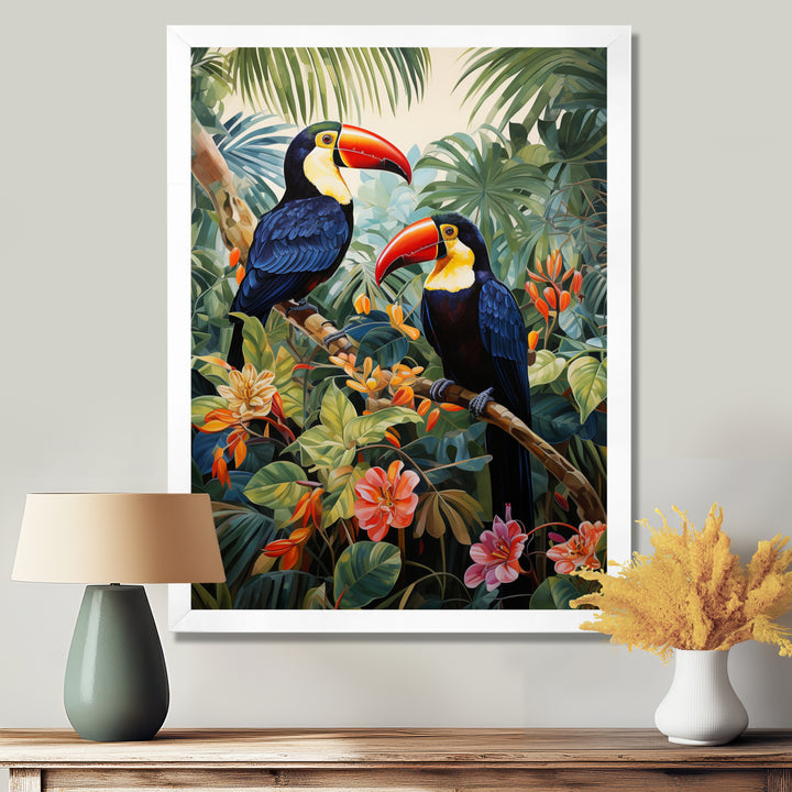 Three Toucans In Tropical Flower Jungle - Toucan Home Decor Art