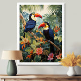 Three Toucans In Tropical Flower Jungle - Toucan Home Decor Art