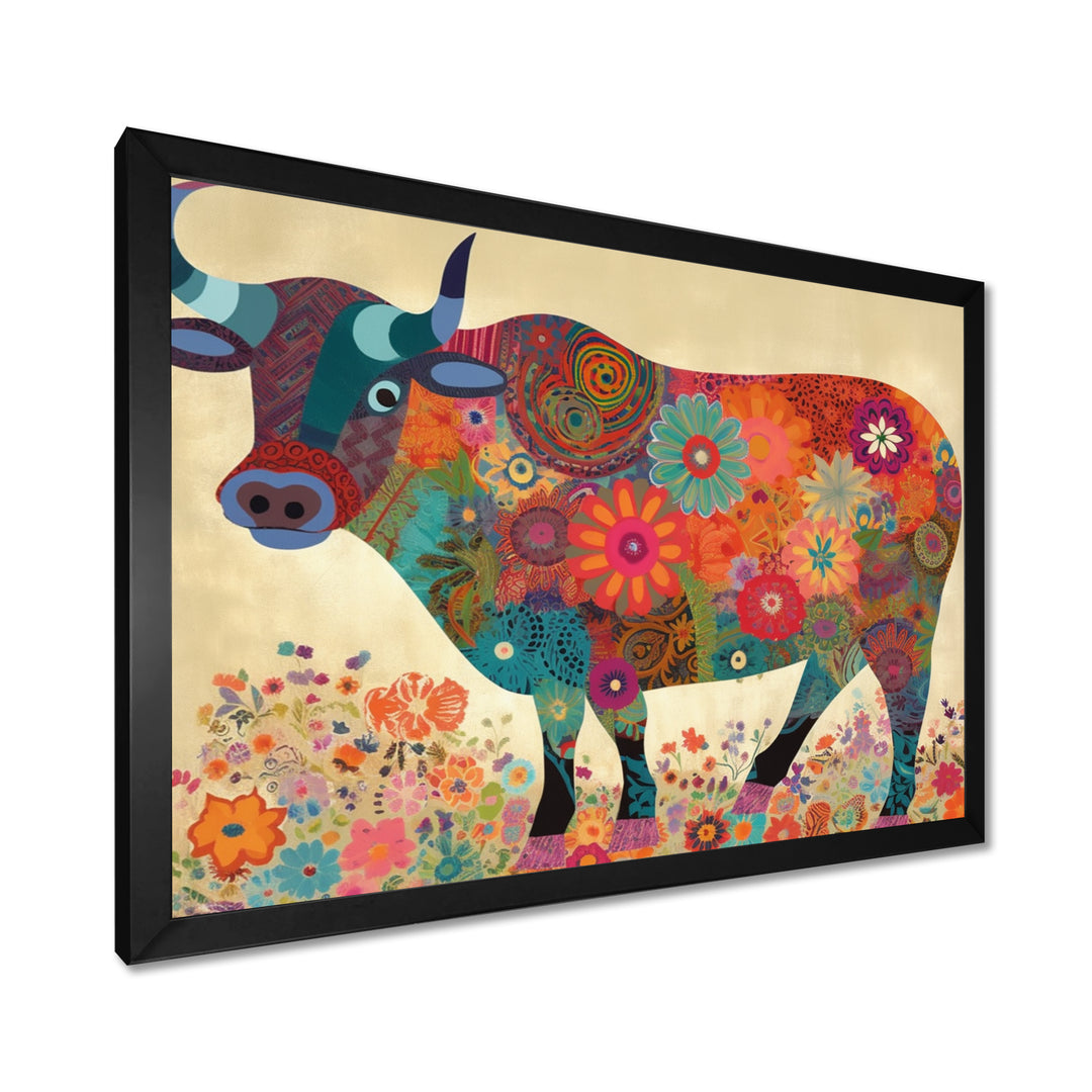 Colorful Flower Boho Bull - Bull Canvas Wall Art