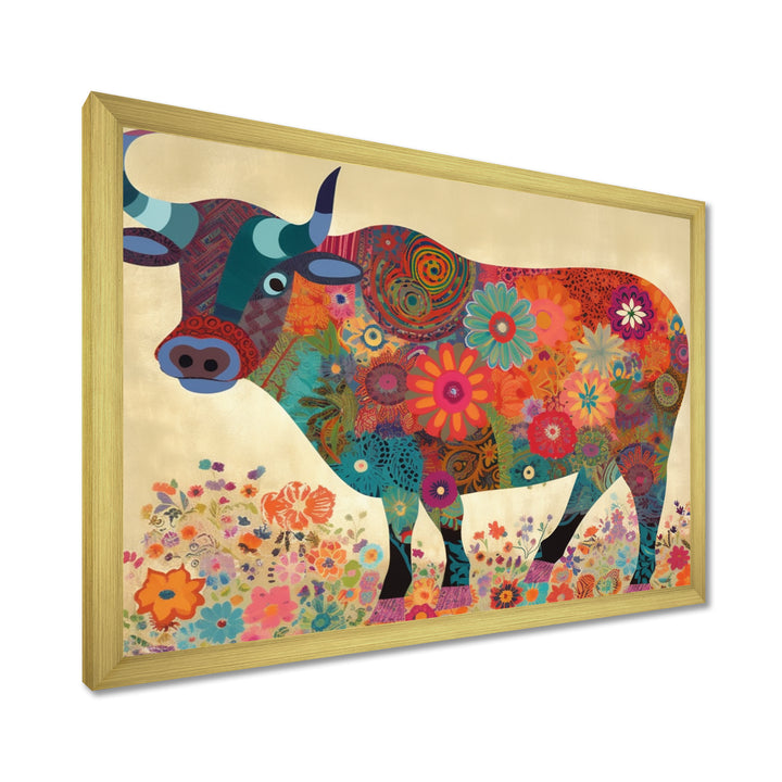 Colorful Flower Boho Bull - Bull Canvas Wall Art