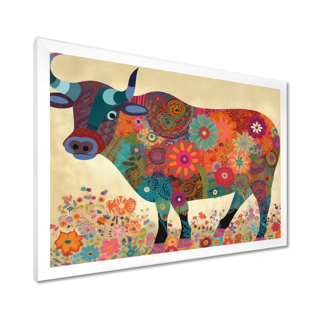 Colorful Flower Boho Bull - Bull Canvas Wall Art