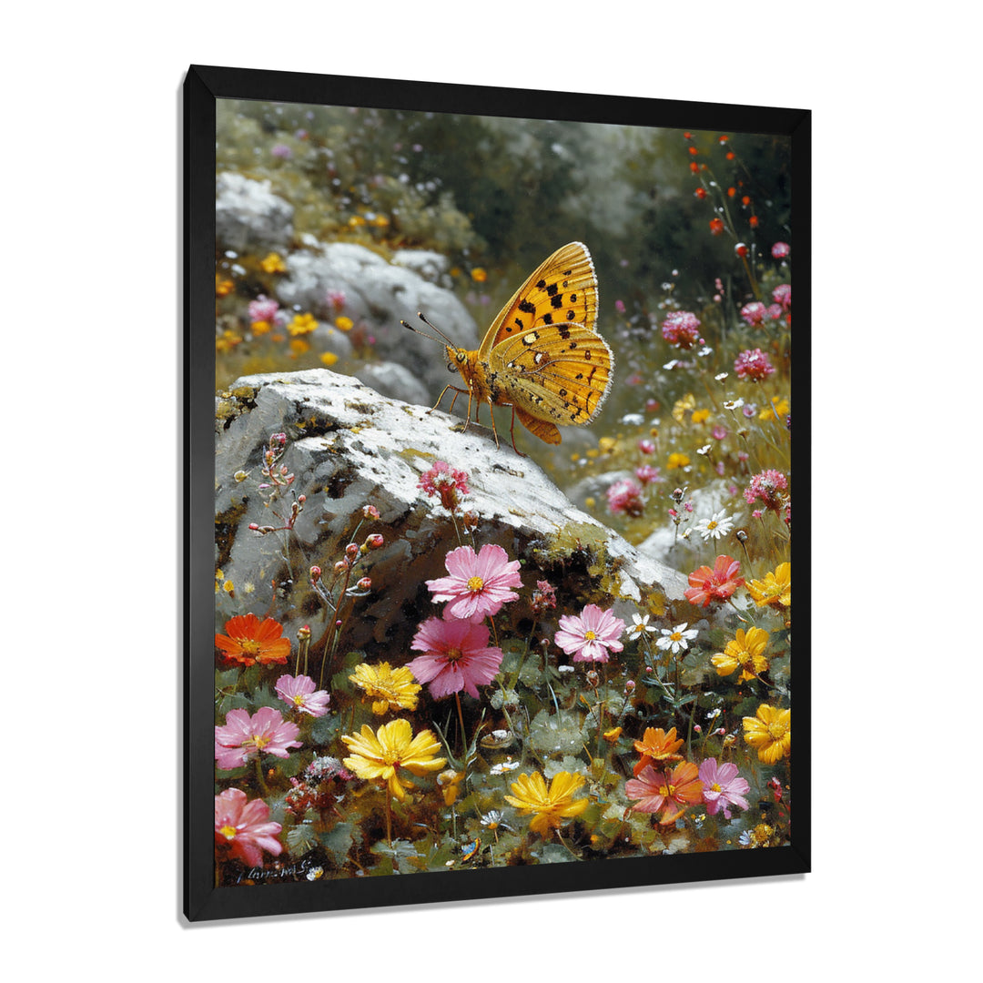 Tiger Swallowtail On Rock In Flower Field - Butterfly Wall Art Prints