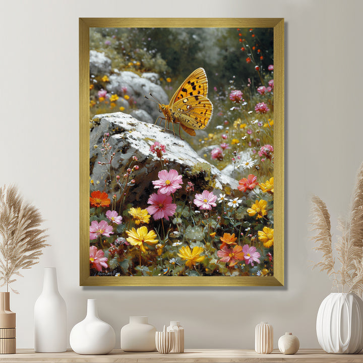 Tiger Swallowtail On Rock In Flower Field - Butterfly Wall Art Prints