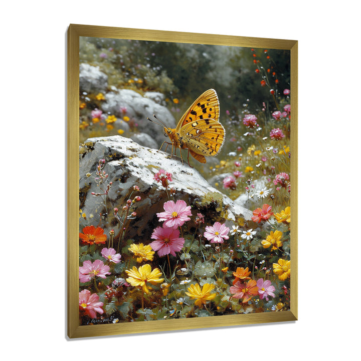 Tiger Swallowtail On Rock In Flower Field - Butterfly Wall Art Prints