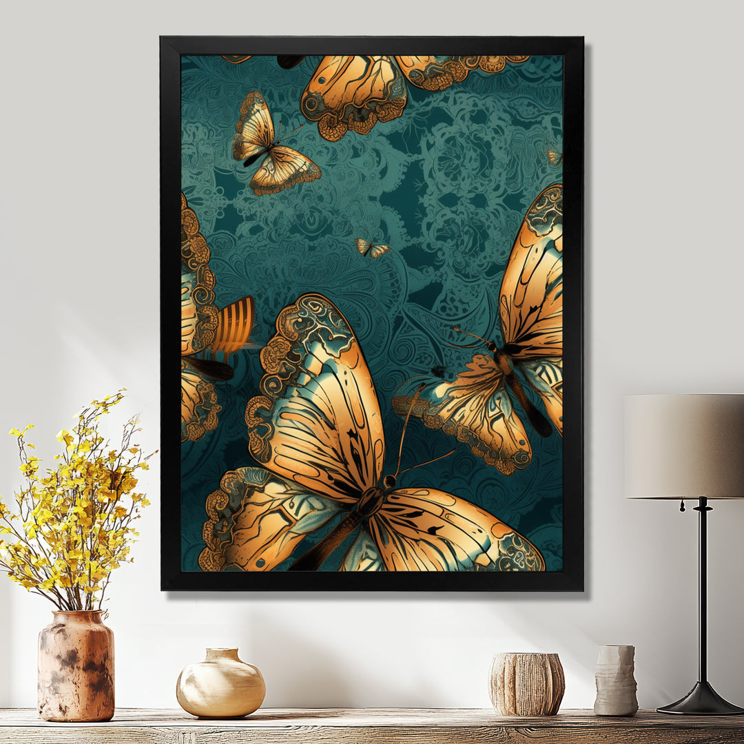 Golden Wings On Turquoise - Gold Butterfly Wall Art