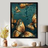 Golden Wings On Turquoise - Gold Butterfly Wall Art