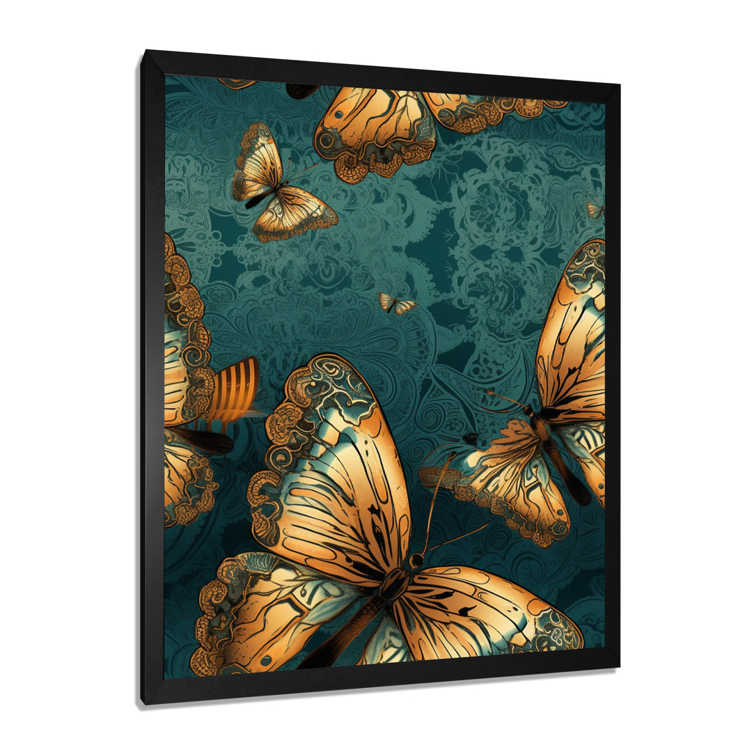 Golden Wings On Turquoise - Gold Butterfly Wall Art