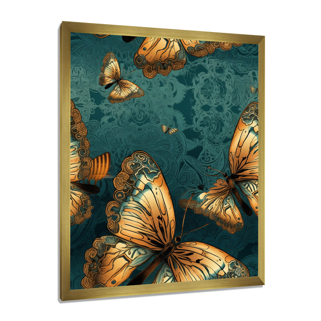Golden Wings On Turquoise - Gold Butterfly Wall Art