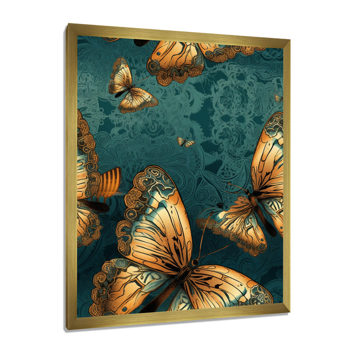 Golden Wings On Turquoise - Gold Butterfly Wall Art