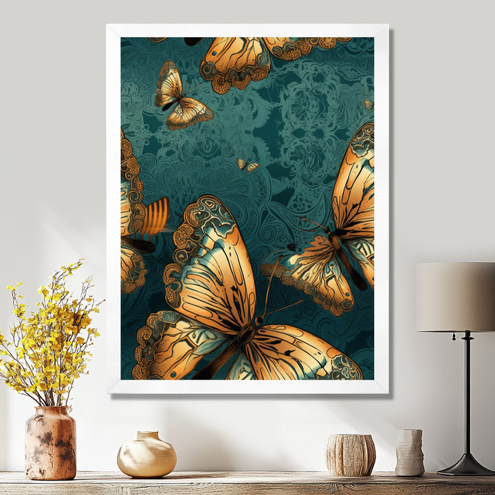 Golden Wings On Turquoise - Gold Butterfly Wall Art