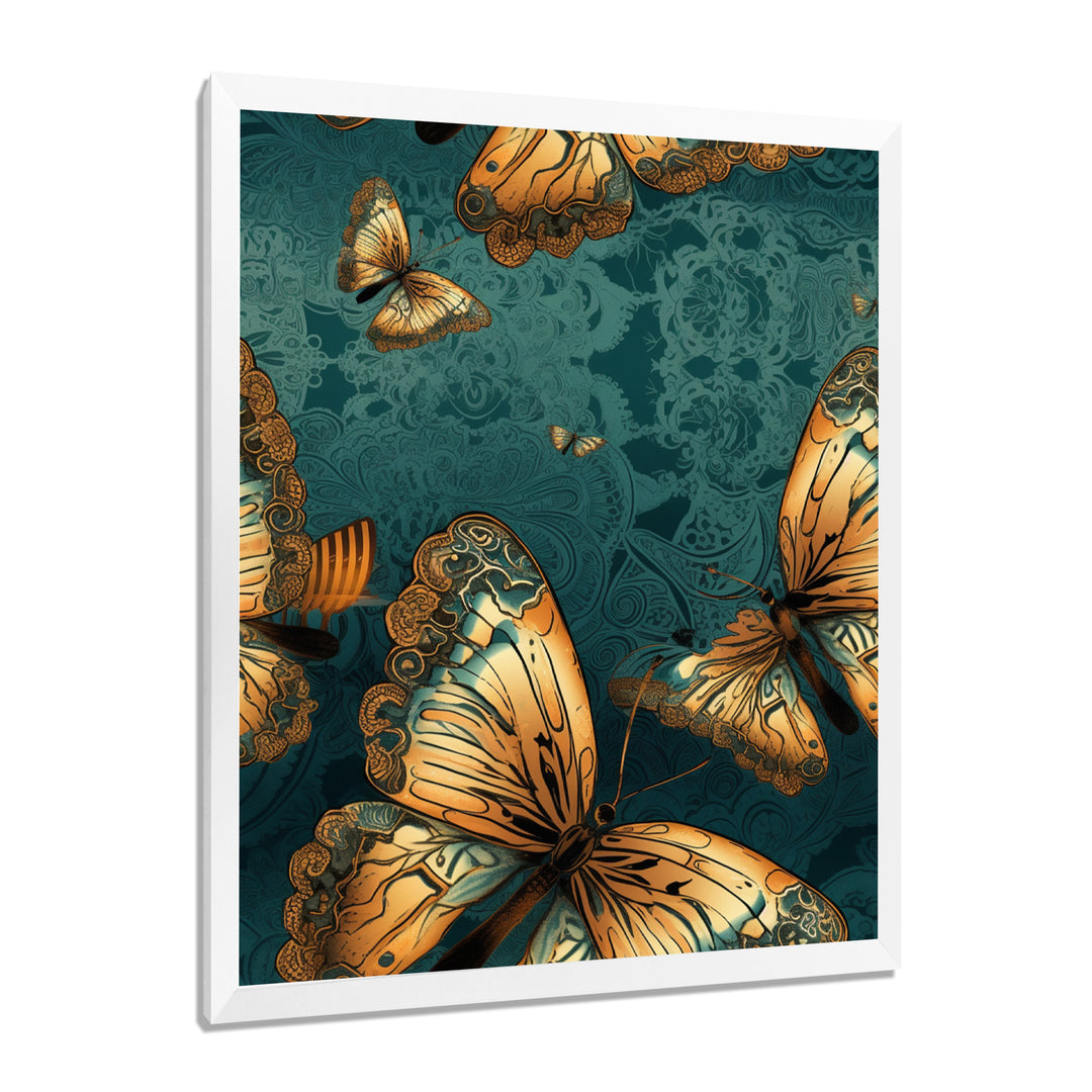 Golden Wings On Turquoise - Gold Butterfly Wall Art