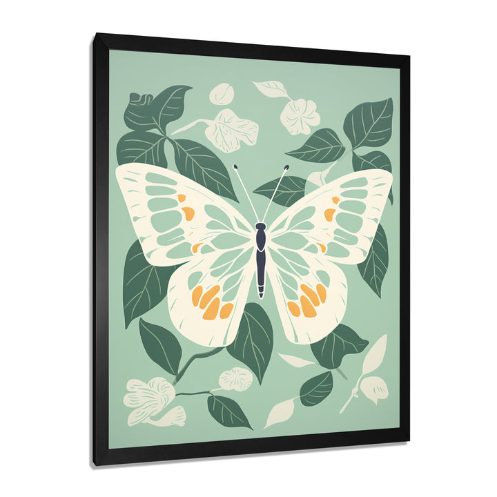 Butterfly White Wings On Retro Green - Butterfly Bedroom Wall Art