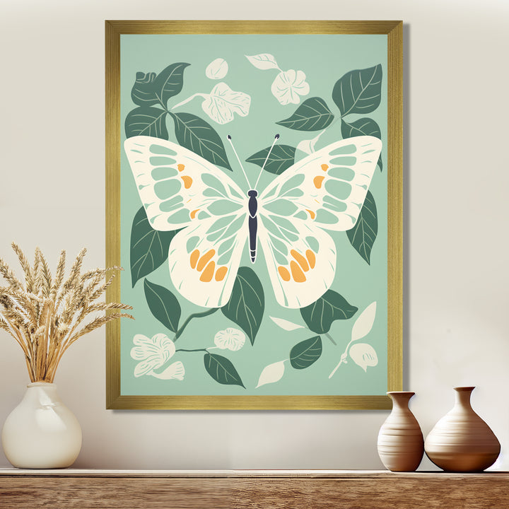 Butterfly White Wings On Retro Green - Butterfly Bedroom Wall Art