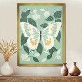Butterfly White Wings On Retro Green - Butterfly Bedroom Wall Art