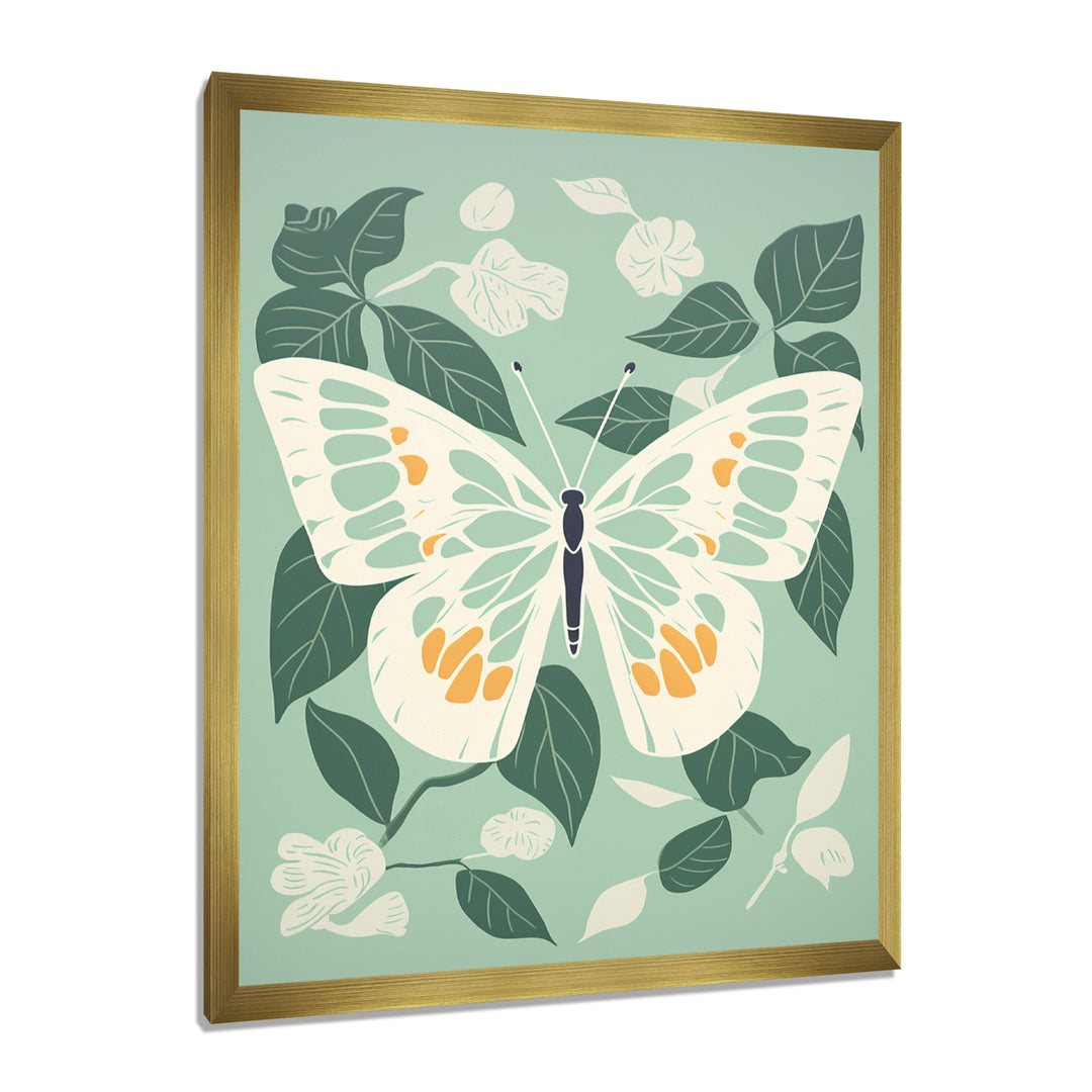 Butterfly White Wings On Retro Green - Butterfly Bedroom Wall Art