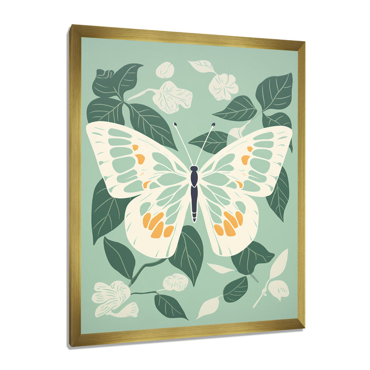 Butterfly White Wings On Retro Green - Butterfly Bedroom Wall Art