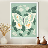 Butterfly White Wings On Retro Green - Butterfly Bedroom Wall Art