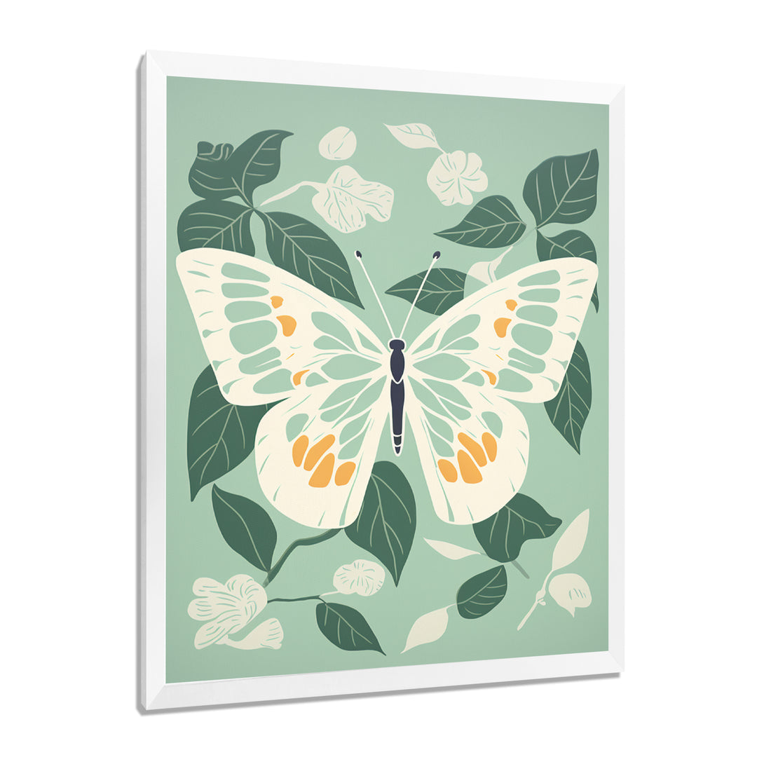 Butterfly White Wings On Retro Green - Butterfly Bedroom Wall Art