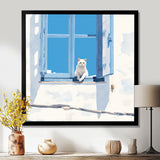White Cat Sitting By The Window Blue Sky Greece - Cat Wall Art Prints