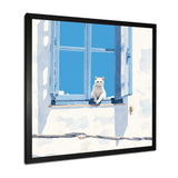 White Cat Sitting By The Window Blue Sky Greece - Cat Wall Art Prints