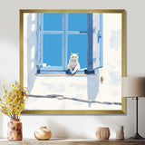 White Cat Sitting By The Window Blue Sky Greece - Cat Wall Art Prints