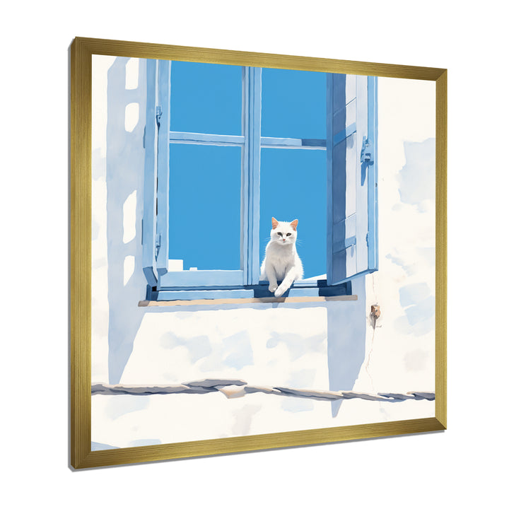 White Cat Sitting By The Window Blue Sky Greece - Cat Wall Art Prints