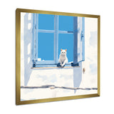 White Cat Sitting By The Window Blue Sky Greece - Cat Wall Art Prints