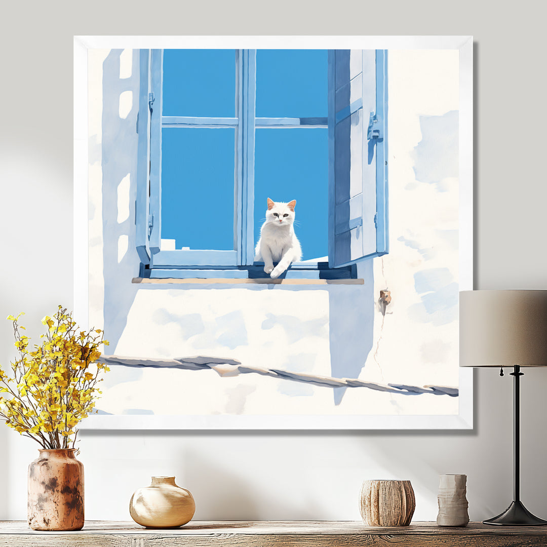 White Cat Sitting By The Window Blue Sky Greece - Cat Wall Art Prints