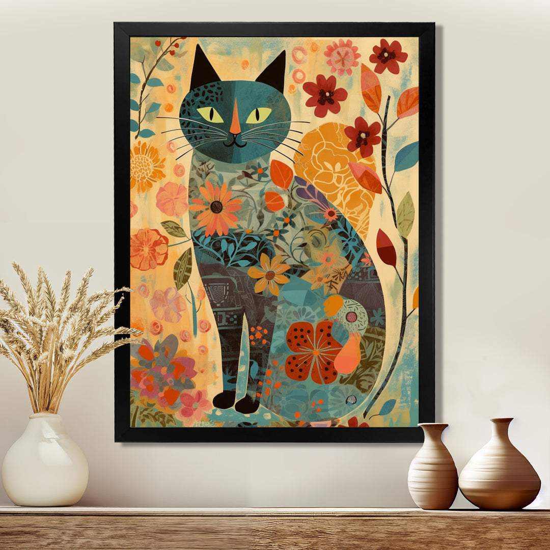 Boho Cat Flower Collage - Multi-Color Cat Wall Art