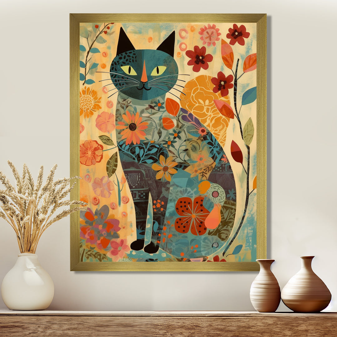 Boho Cat Flower Collage - Multi-Color Cat Wall Art