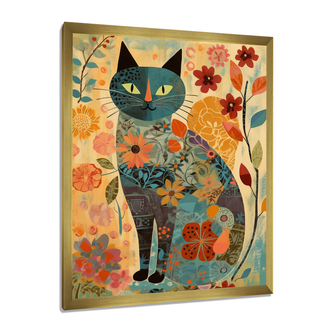 Boho Cat Flower Collage - Multi-Color Cat Wall Art