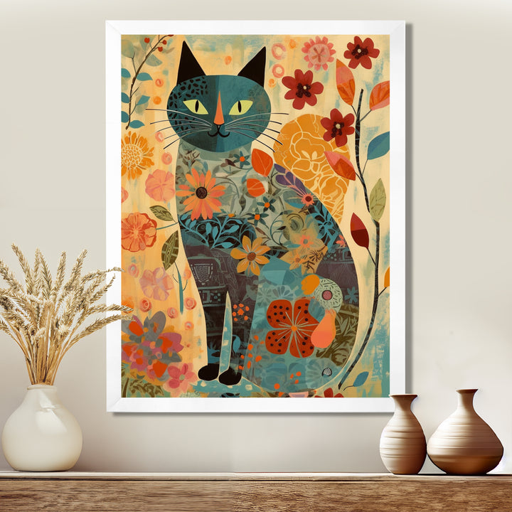 Boho Cat Flower Collage - Multi-Color Cat Wall Art