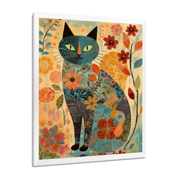 Boho Cat Flower Collage - Multi-Color Cat Wall Art