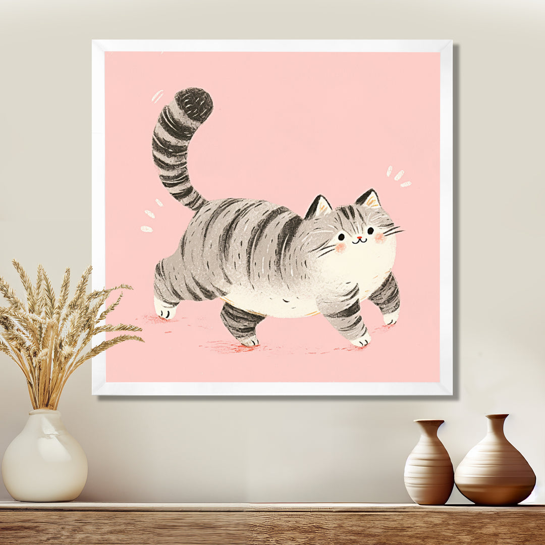 Fluffy Tiger Cat On Pink - Cat Living Room Wall Art