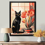 Retro Black Cat Sitting By Red Flowers - Cat Canvas Wall Art