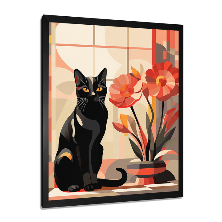 Retro Black Cat Sitting By Red Flowers - Cat Canvas Wall Art