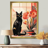 Retro Black Cat Sitting By Red Flowers - Cat Canvas Wall Art