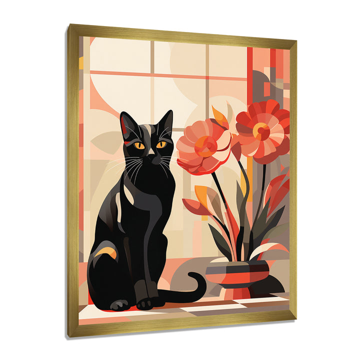 Retro Black Cat Sitting By Red Flowers - Cat Canvas Wall Art