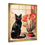 Retro Black Cat Sitting By Red Flowers - Cat Canvas Wall Art