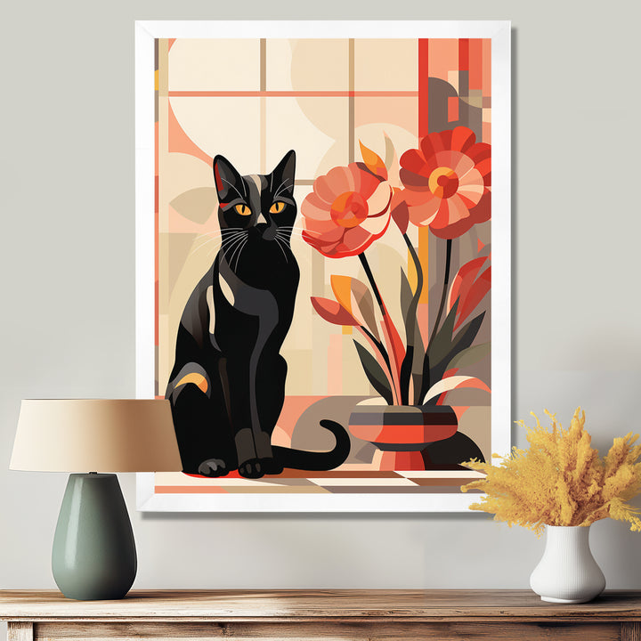 Retro Black Cat Sitting By Red Flowers - Cat Canvas Wall Art