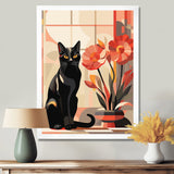 Retro Black Cat Sitting By Red Flowers - Cat Canvas Wall Art