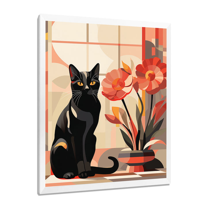 Retro Black Cat Sitting By Red Flowers - Cat Canvas Wall Art