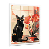 Retro Black Cat Sitting By Red Flowers - Cat Canvas Wall Art
