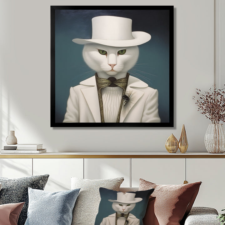 Fancy White Cat In Suit With White Hat - Cat Fashion Wall Decor