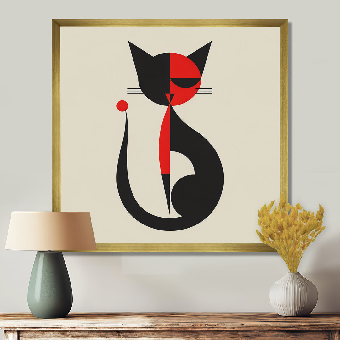 Minimal Cat In Black And Red - Black Cat Wall Art