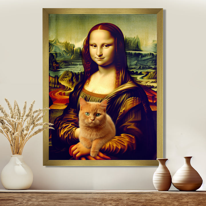 Mona Lisa With Brown Cat - Cat Framed Canvas Art
